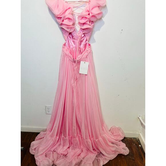 MAC DUGGAL Blush Pink Ruffle Tiered Cut-Out Back Lace Up Maxi Dress Size 2 NWT - Picture 5 of 12